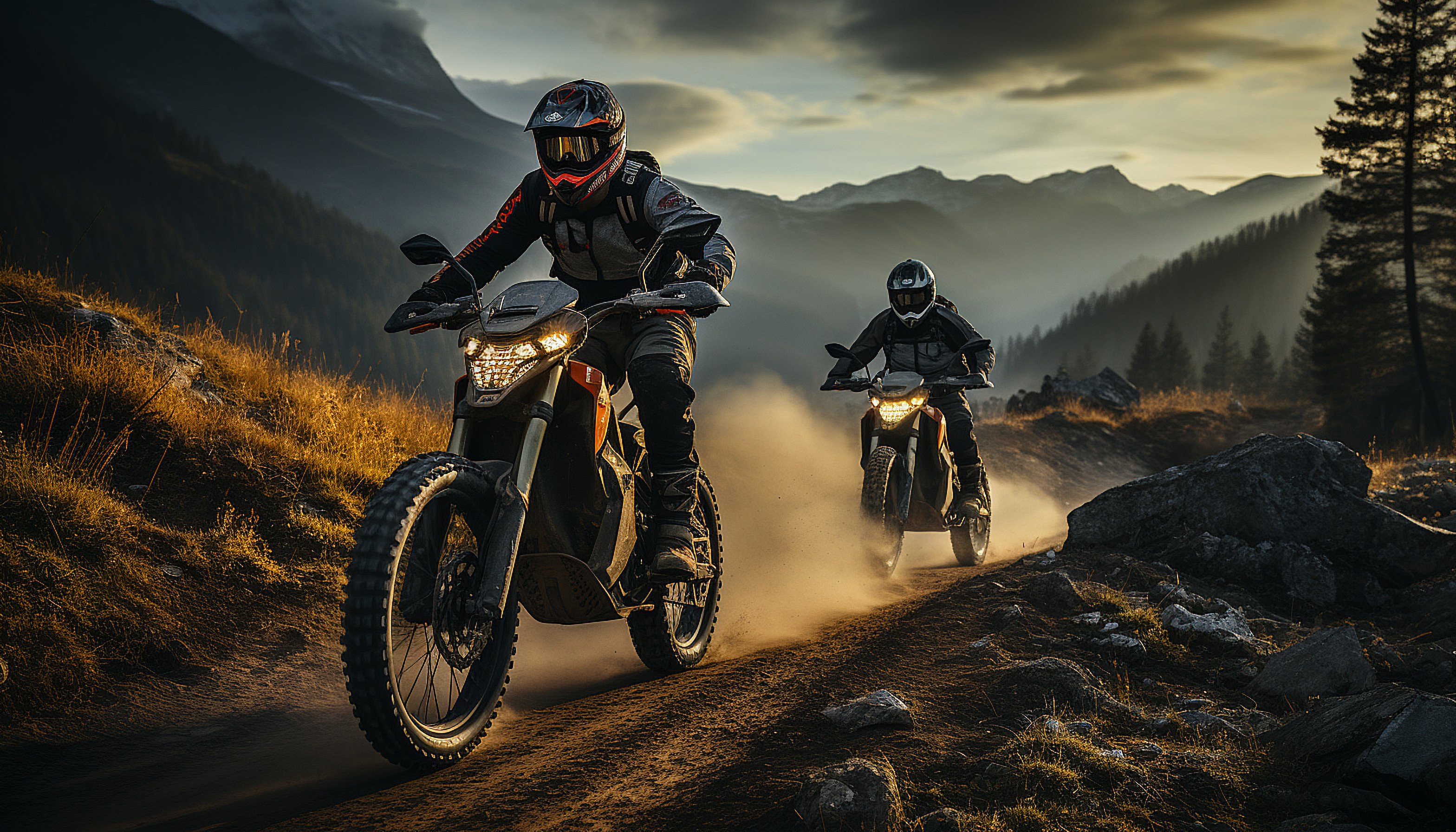 Two electric motorcycle riders hitting the dirt road